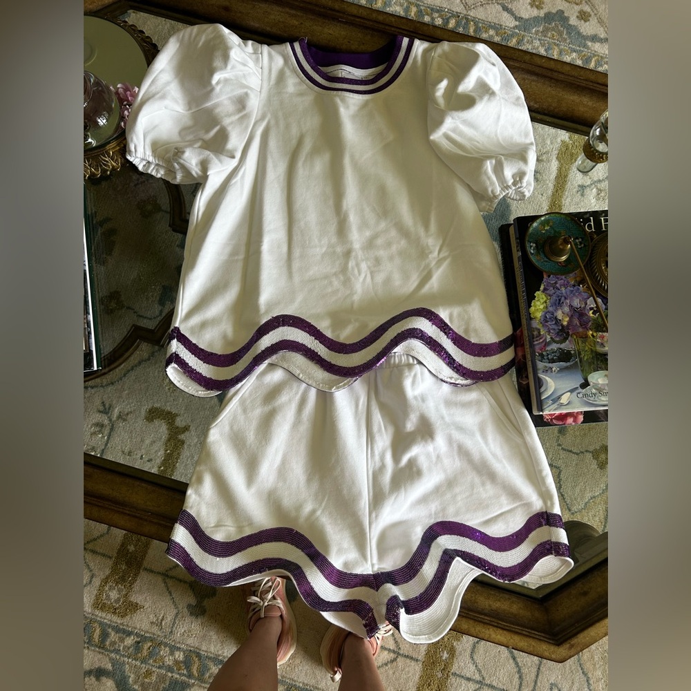 QUEEN OF SPARKLES White Sweater Top Purple Sequin Trim matching shorts medium